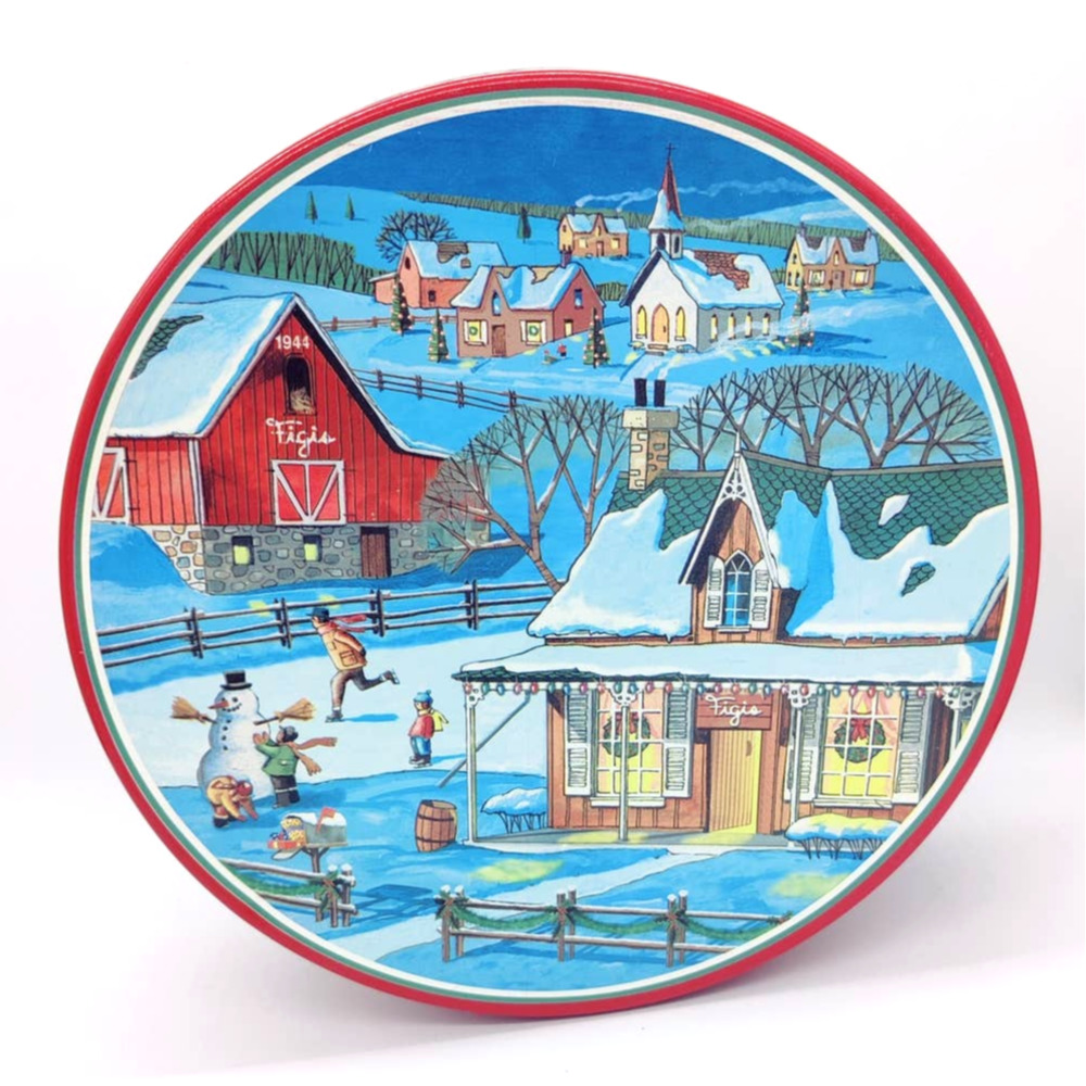 Vintage Collectible Figis Christmas Tin Xmas Holiday Village Cookie Candy 9.5"